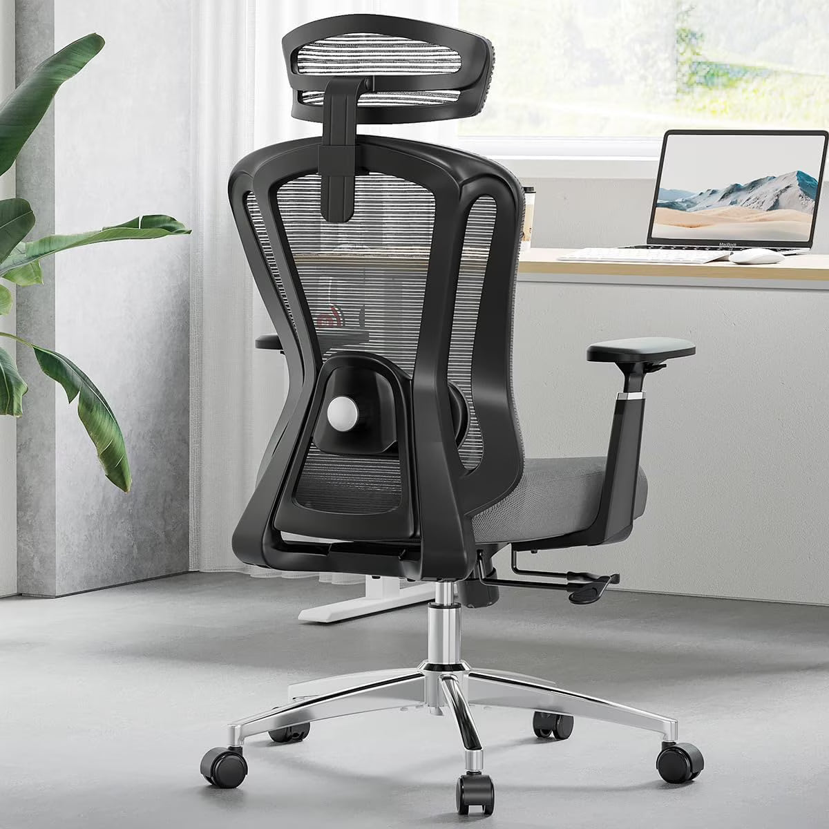STARY Ergonomic Office Chair with Footrest, High Back Mesh Desk Chair with Adjustable Headrest & Lumbar Support, Comfortable Computer Chair for Home Office Study, White & Beige