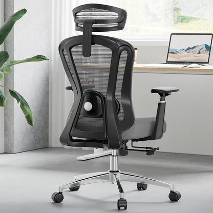 STARY Ergonomic Office Chair with Footrest, High Back Mesh Desk Chair with Adjustable Headrest & Lumbar Support, Comfortable Computer Chair for Home Office Study, White & Beige
