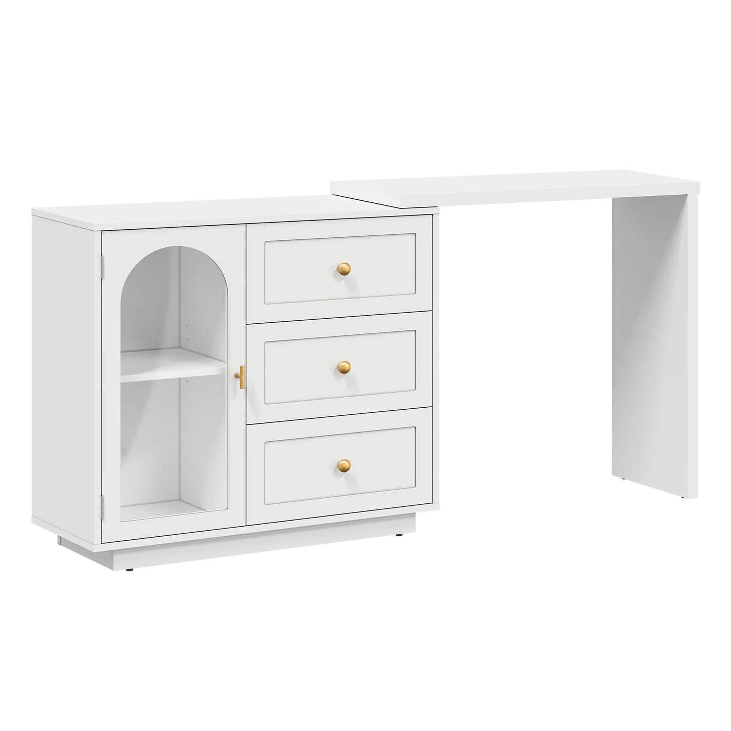 CozyHome 59° Extendable Corner Vanity Desk with Rotatable Tabletop, Large White Makeup Vanity Table for Women Girl, 3 Drawer & 1 Door, Wood Vanity Dresser for Apartment, Dorm, Study Room, Home Office