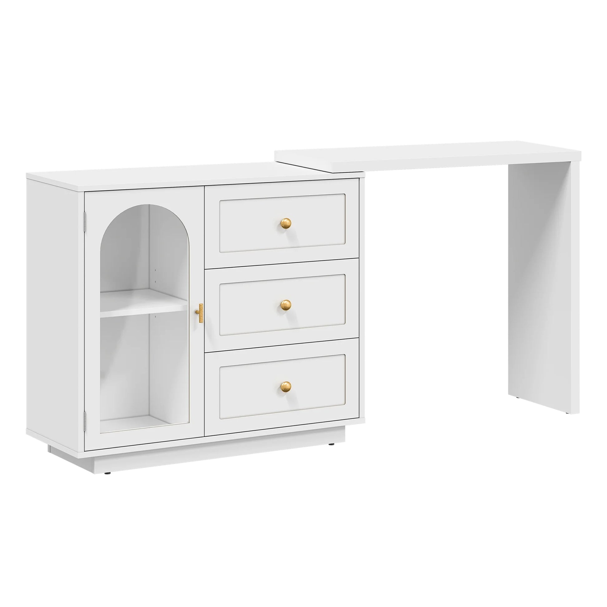CozyHome 59° Extendable Corner Vanity Desk with Rotatable Tabletop, Large White Makeup Vanity Table for Women Girl, 3 Drawer & 1 Door, Wood Vanity Dresser for Apartment, Dorm, Study Room, Home Office