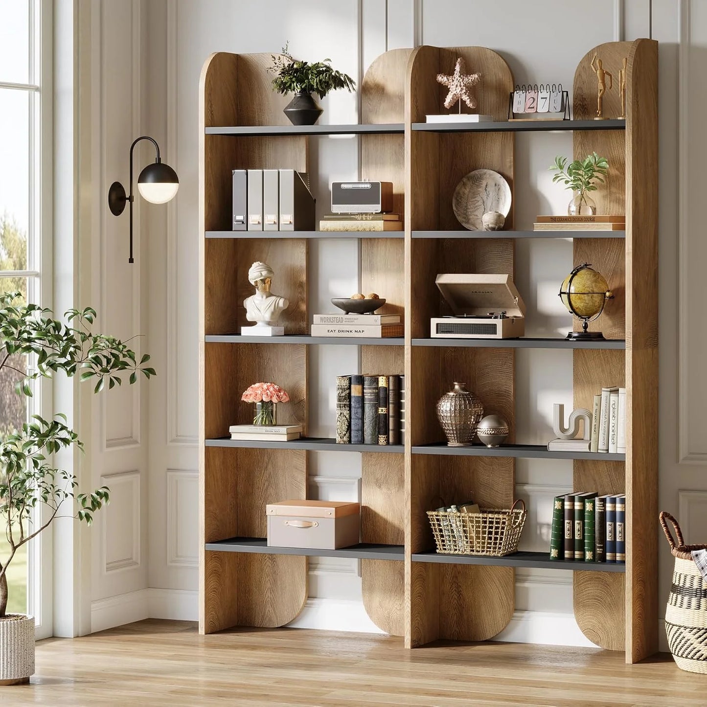 Fnova 70.8" Tall 5-Tier Bookshelf, Double Wide Bookcase with Open Shelves, Floor-Standing Display Storage Shelving Unit for Home Office, Bedroom Study