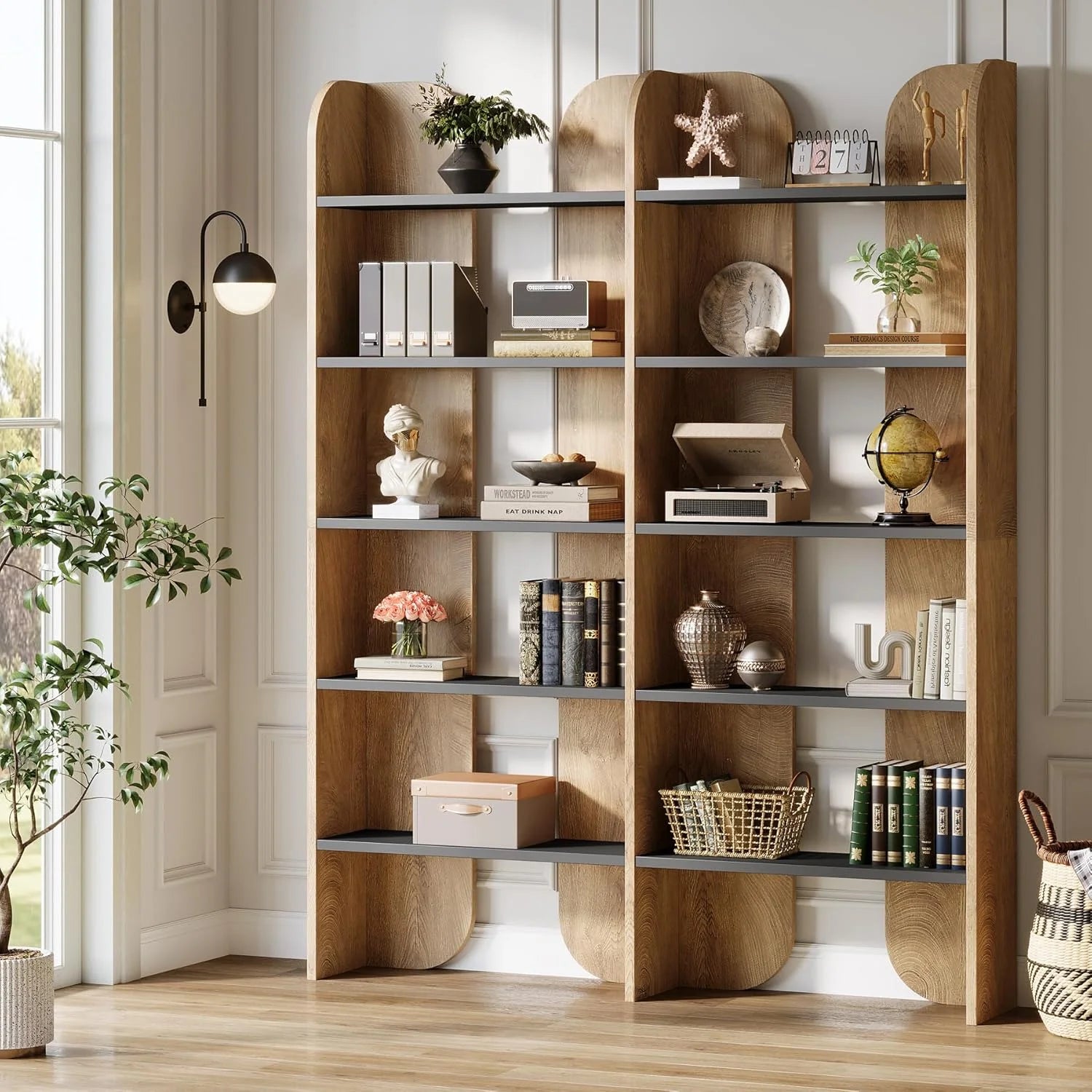 Fnova 70.8" Tall 5-Tier Bookshelf, Double Wide Bookcase with Open Shelves, Floor-Standing Display Storage Shelving Unit for Home Office, Bedroom Study