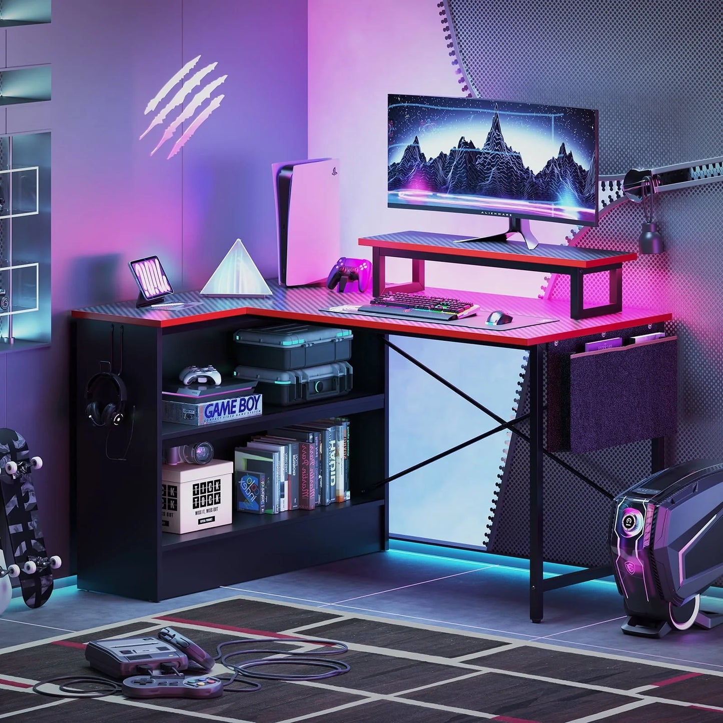 Bestier 42" L-shaped Computer Desk with Shelves LED Gaming Desk Corner Desk for Home Office, Carbon Fiber