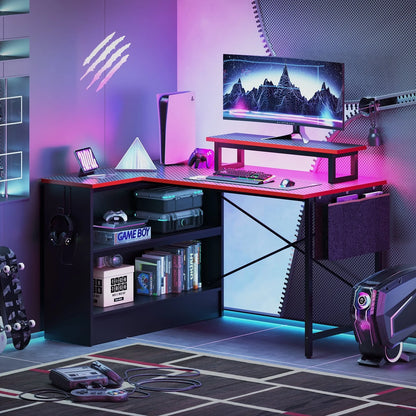 Bestier 42" L-shaped Computer Desk with Shelves LED Gaming Desk Corner Desk for Home Office, Carbon Fiber