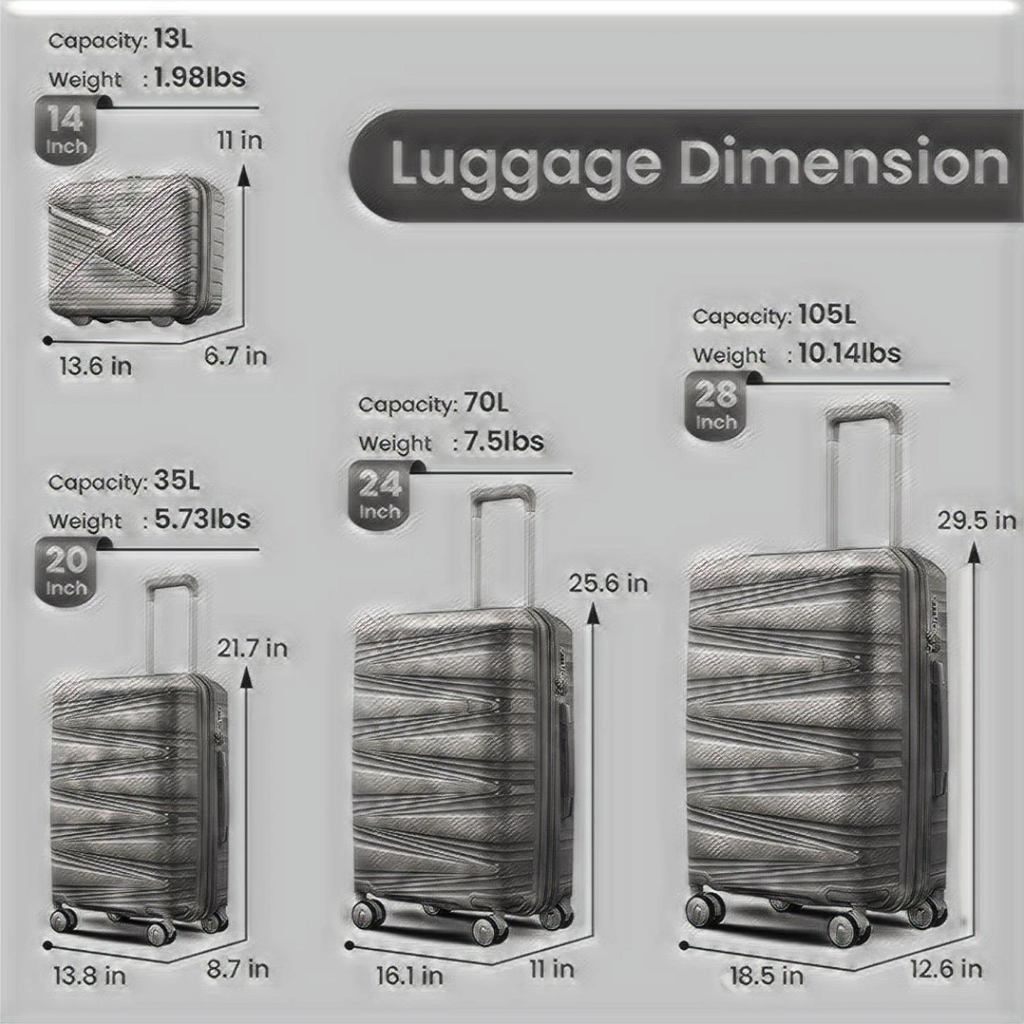 4 Piece Luggage Set Expandable Hardshell Travel Luggage Sets 8 Spinner Wheel Suitcase Wheels TSA Lock Suit Case, PP Lightweight & Durable wheels Upright Suitcase, 14/20/24/28 Inch