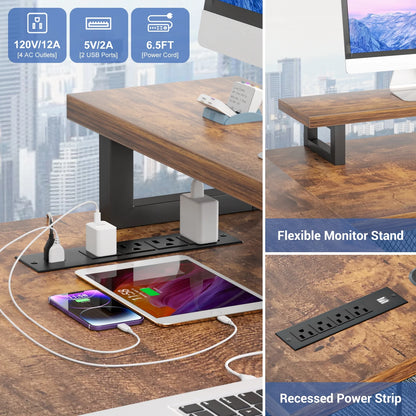 Homieasy U Shaped Desk with Power Outlet and LED Strips, 129.9'' Ergonomic L-Shaped Gaming Desk with Monitor Stand, Reversible Corner Computer Desk with Storage Shelf for Home Office, White Oak