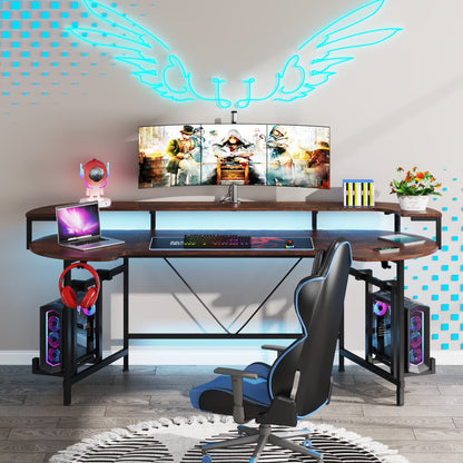 Tribesigns Gaming Desk with Monitor Shelf, 75 inch PC Computer Desk with LED Strip, Carbon Fiber Surface Gaming Table Gamer Workstation for Bedroom, Home Office, Black