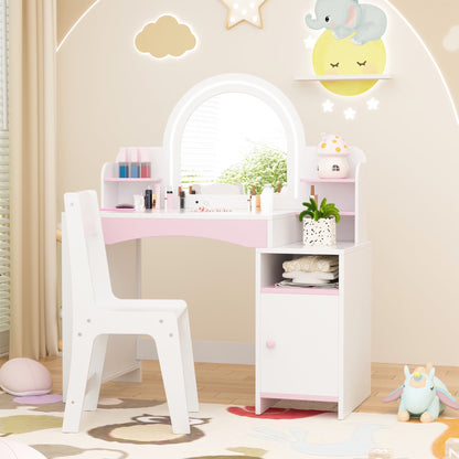 Kids 2-in-1 Princess Vanity Table Set with Jewelry Storage and Open Shelves, White
