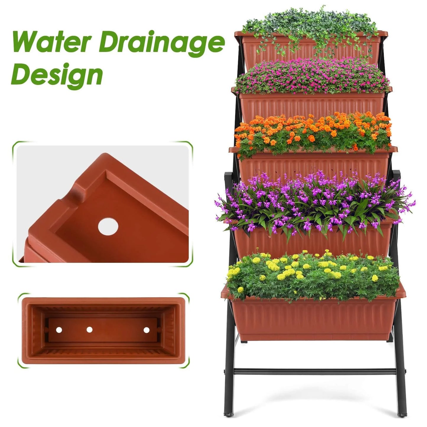 VIBESPARK 4Ft Planter Box 5-Tiers Vertical Raised Garden Bed with Drain for Patio Vegetables, Flowers Herb, 26" x 22.75" x 44.75"