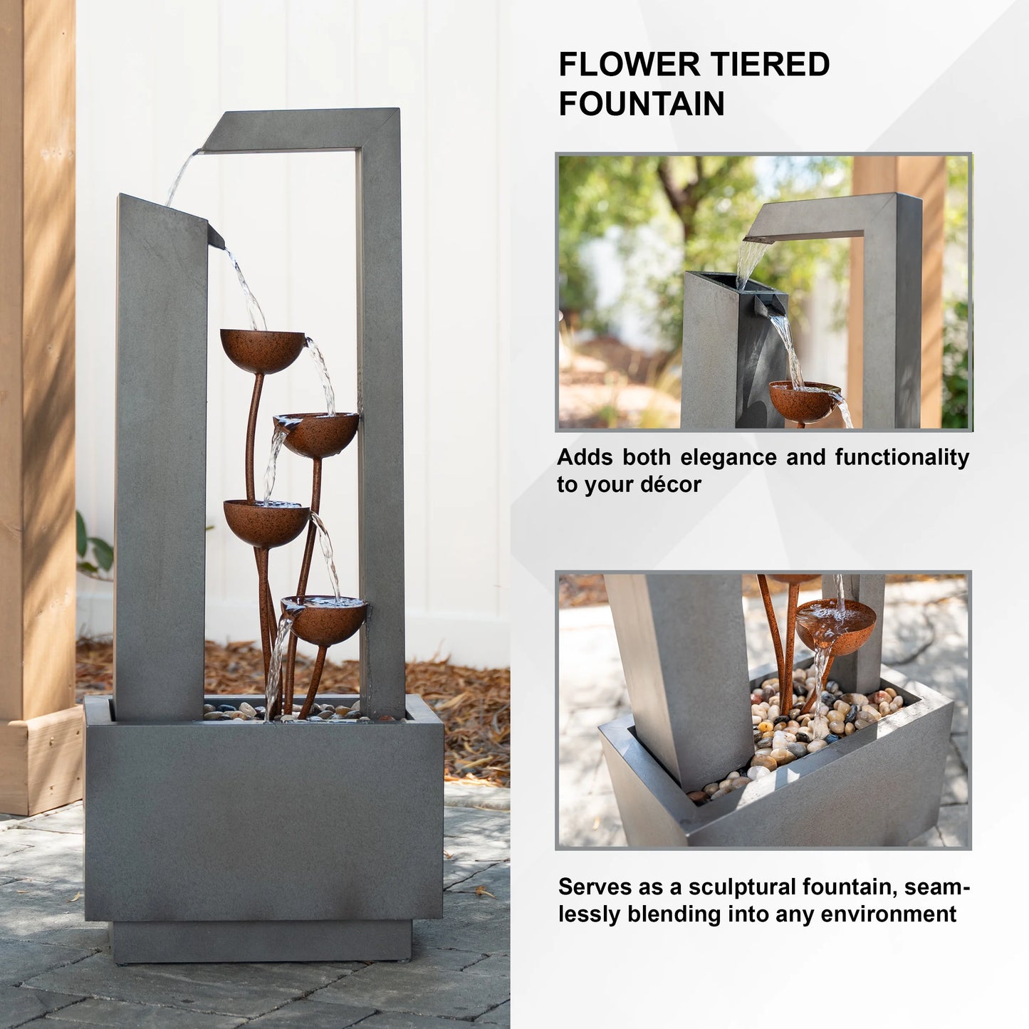 XBrand Metal Sculptural Multi-tiered Flower Water Fountain, Gray and Bronze, 38" Tall