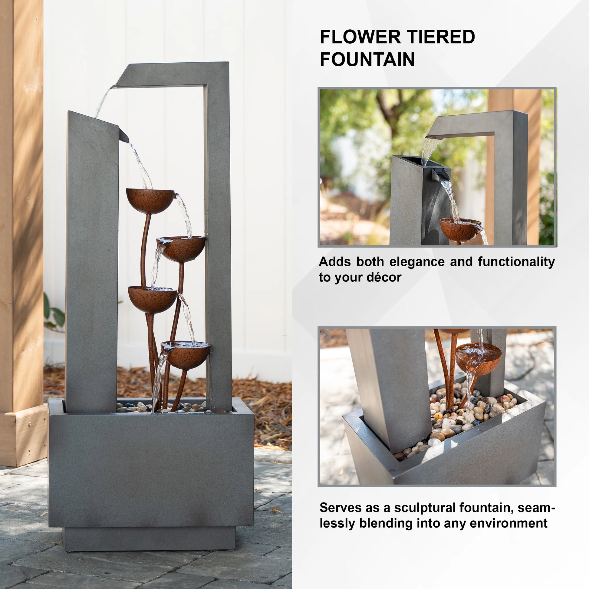 XBrand Metal Sculptural Multi-tiered Flower Water Fountain, Gray and Bronze, 38" Tall