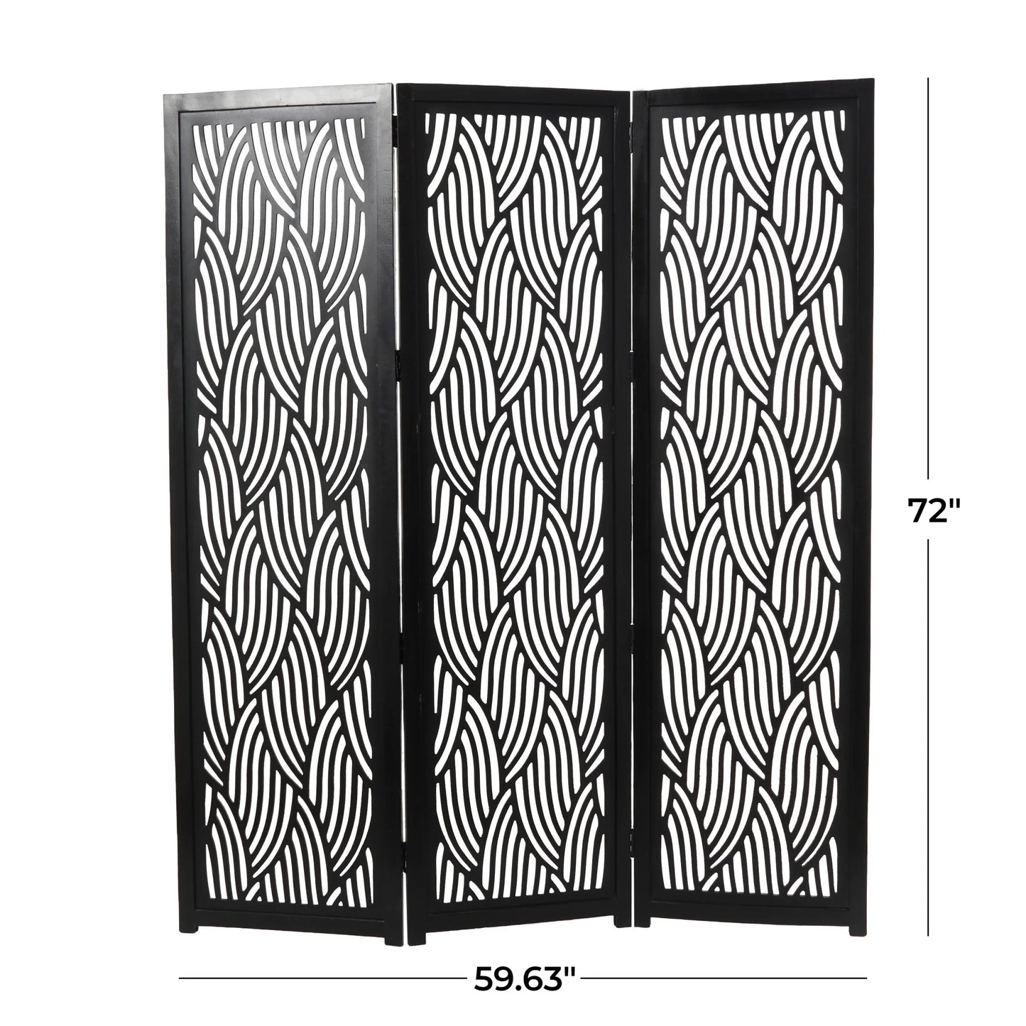 DecMode 60" x 72" Black Mango Wood Abstract Wavy Cutout 3 Panel Room Divider Screen, 1-Piece