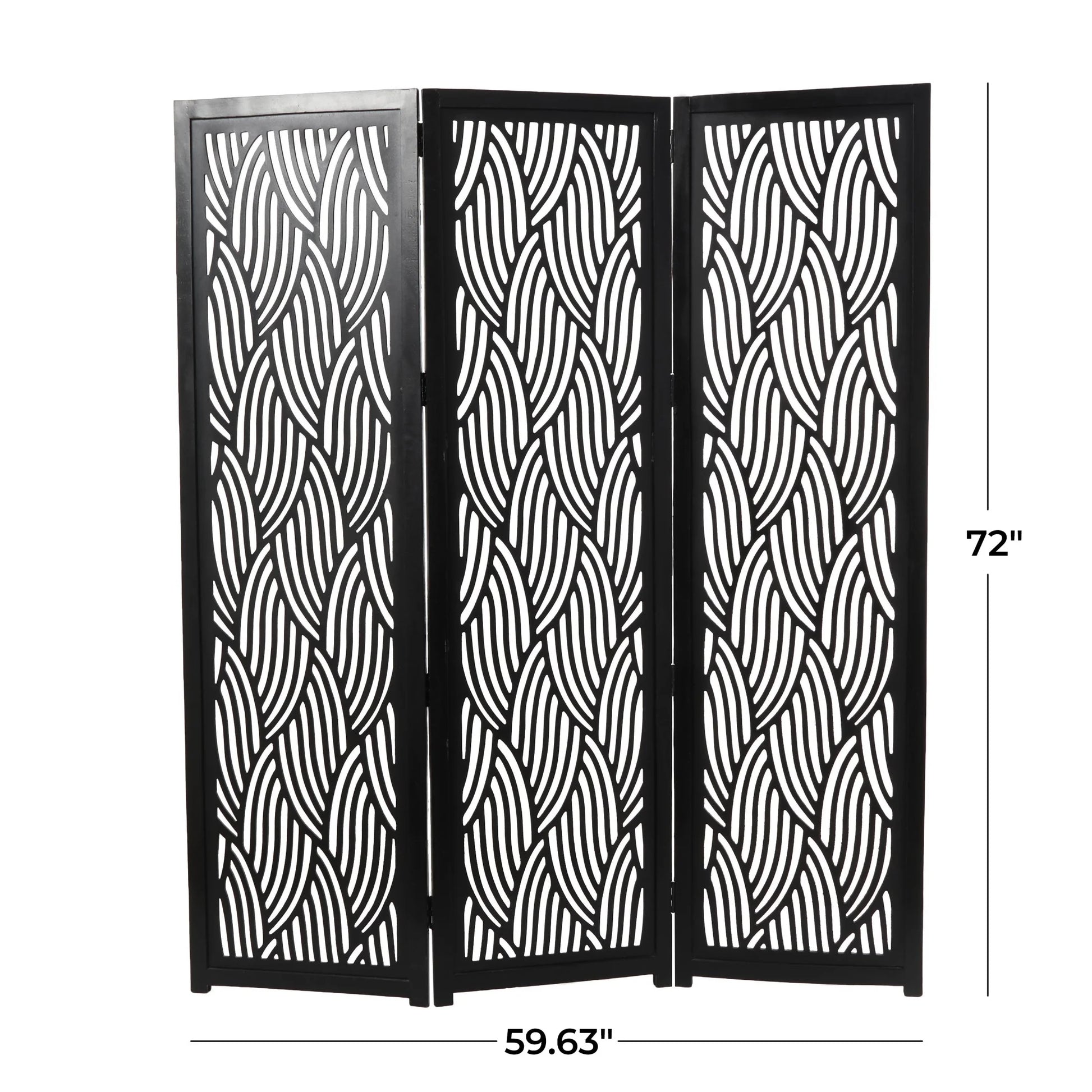 DecMode 60" x 72" Black Mango Wood Abstract Wavy Cutout 3 Panel Room Divider Screen, 1-Piece