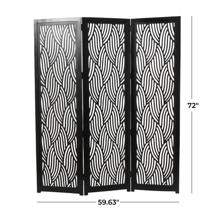 DecMode 60" x 72" Black Mango Wood Abstract Wavy Cutout 3 Panel Room Divider Screen, 1-Piece