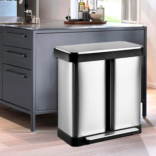 Garvee 19 Gallon Dual Trash Can, Stainless Steel Kitchen Garbage Can, 36L+36L 2 Compartment Recycle Bin with Soft-Close Lid and Foot Pedal for Kitchen Home Office