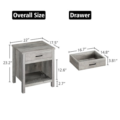 Wooden Nightstand Side Table, Bedside Table End Table for Bedroom Nursery Living Room with Storage Drawer, Rustic Grey