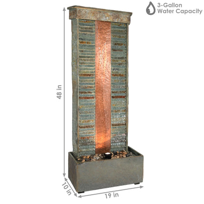 Sunnydaze 48"H Electric Natural Slate with Copper Accents Rippled Column Outdoor Water Fountain with LED Spotlight