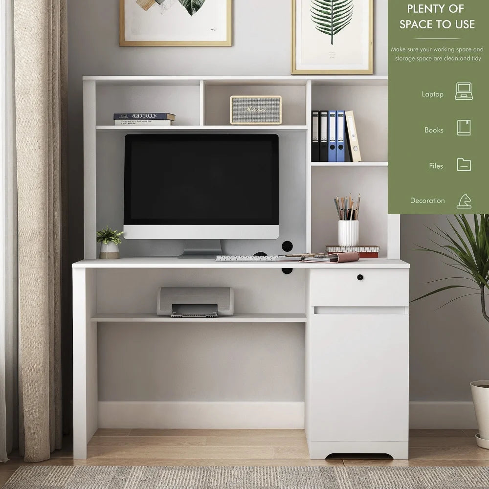 Tcbosik Modern Computer Desk with Charging Station and USB Night Light, Home Office Table with Hutch and Open Shelf, Gaming Workstation with Drawer and Cabinet for Living Room, Study Room, Black