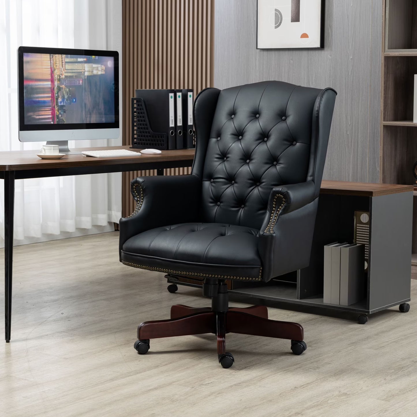 360° Rotating Office Chair,High Back Reclining Comfortable Desk Chair,Thick Padded Seat & Backrest,Ergonomic PU Leather Desk Chair with Smooth Glide Caster Wheels for Home Office,Black
