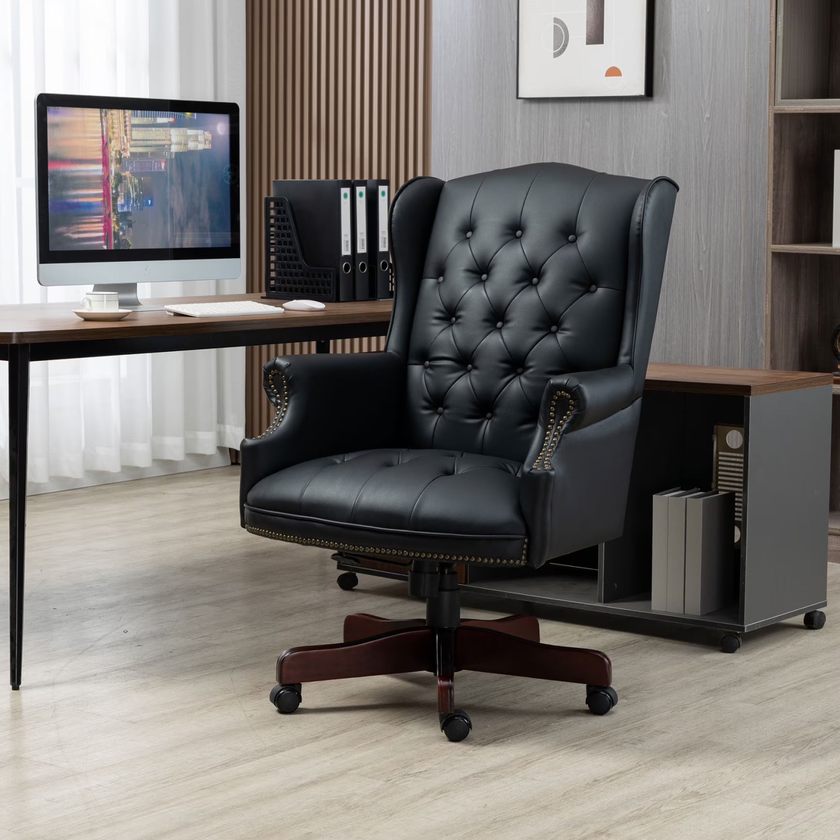 360° Rotating Office Chair,High Back Reclining Comfortable Desk Chair,Thick Padded Seat & Backrest,Ergonomic PU Leather Desk Chair with Smooth Glide Caster Wheels for Home Office,Black
