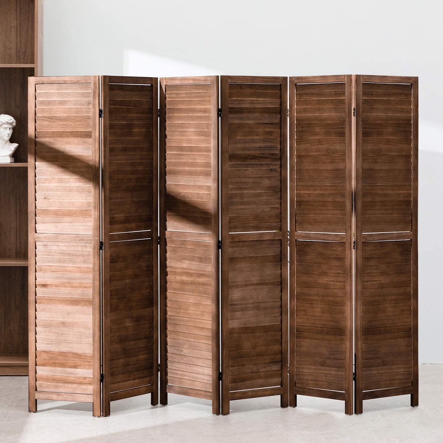 CL.HPAHKL 6 Panels Room Dividers, 5.75 Ft Tall Wood Louvered Folding Privacy Wall Divider for Room Separation Freestanding Privacy Screen For Home Office Bedroom Restaurant, Brown