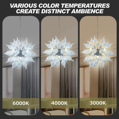 Longree 6-lights Plug in Hand Blown Glass Chandelier Modern Luxury White Flower Bud Glass Art Tall Ceiling Light Hanging Light Fixture for Kitchen, Bedroom, Dining Room, Living Room-LR1466