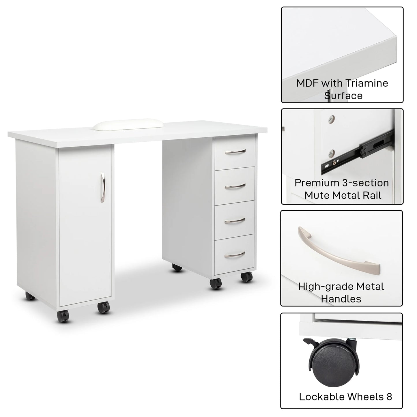 Sesslife White Computer Desk, Writing Desk with Lockable WheelsModern Wood Study Desk with 4 Drawers for Home Office Workstation
