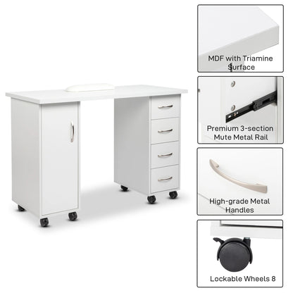 Sesslife White Computer Desk, Writing Desk with Lockable WheelsModern Wood Study Desk with 4 Drawers for Home Office Workstation