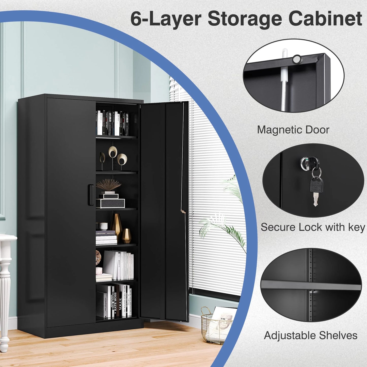 Fesbos Metal Garage Storage Cabinet,Tall Black Cabinet with Doors and Adjustbale Shelves,Lockable Tool Cabinet for Garage, Basement, Home Office