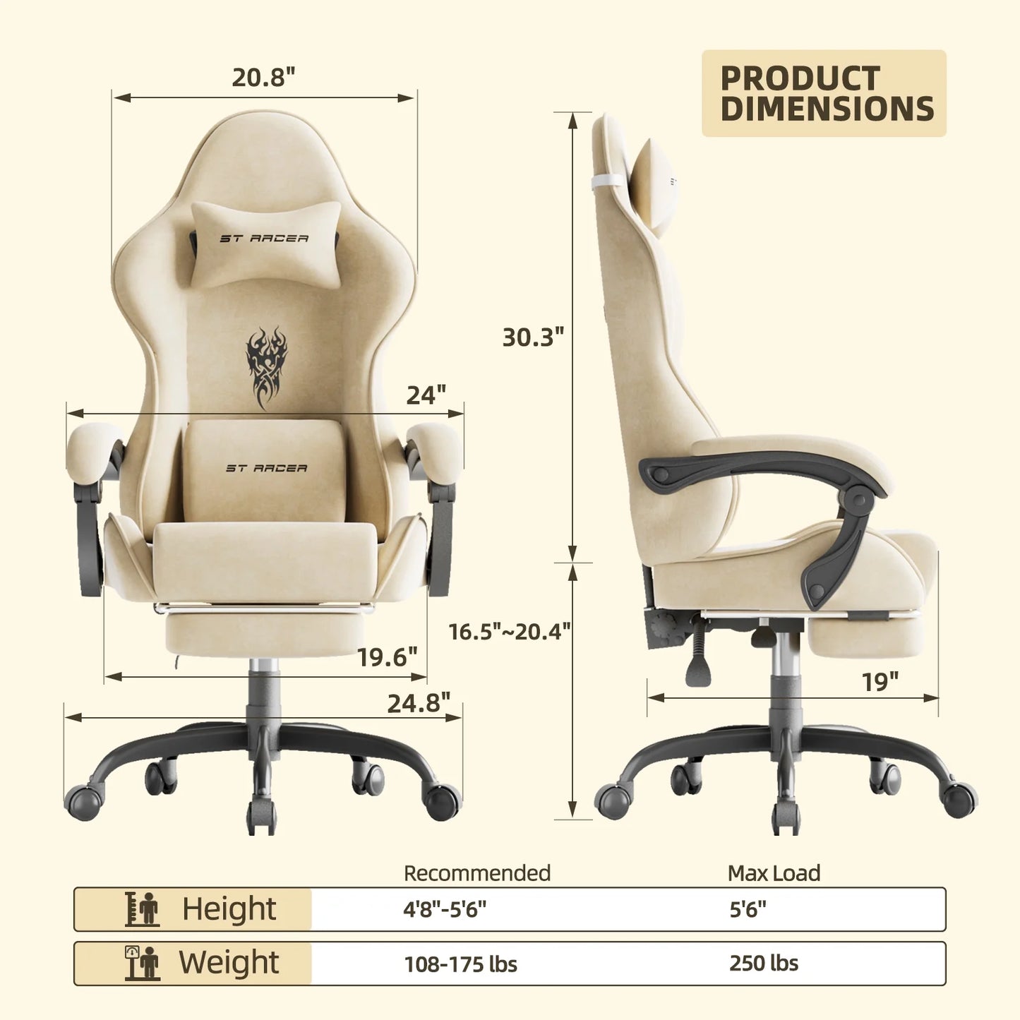 Huracan Velvet Fabric Gaming Chair High Back Computer Chair with Footrest and Lumbar Cushion Ergonomic PC Gamer Chiar for Adults Racing Video Gaming Chair for Home Office,Beige