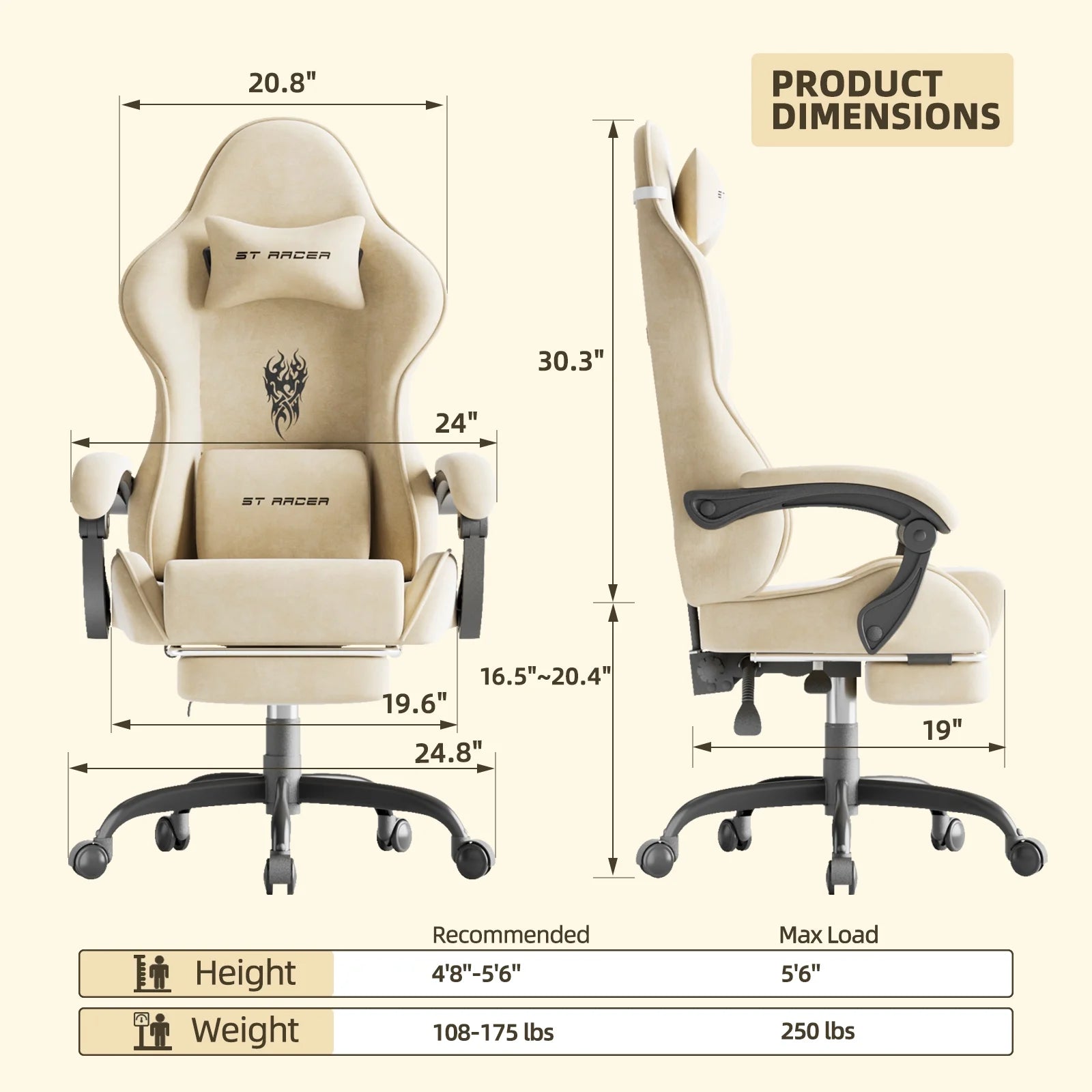 Huracan Velvet Fabric Gaming Chair High Back Computer Chair with Footrest and Lumbar Cushion Ergonomic PC Gamer Chiar for Adults Racing Video Gaming Chair for Home Office,Beige