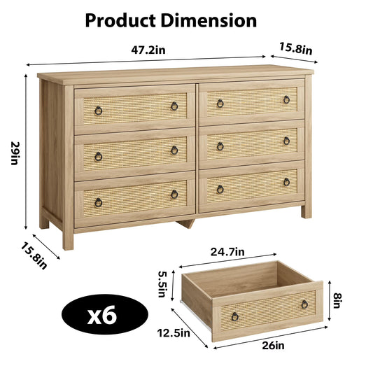 Yeshouse Boho 6-Drawer Dresser with Rattan Accents, Modern Chest of Drawers with Ring Handles & Deep Storage for Bedroom, Living Room