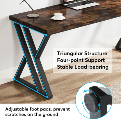Heavy Duty Study Desk with Z-Shaped Metal Leg, Modern Simple Home Office Computer Desk, Rustic Brown