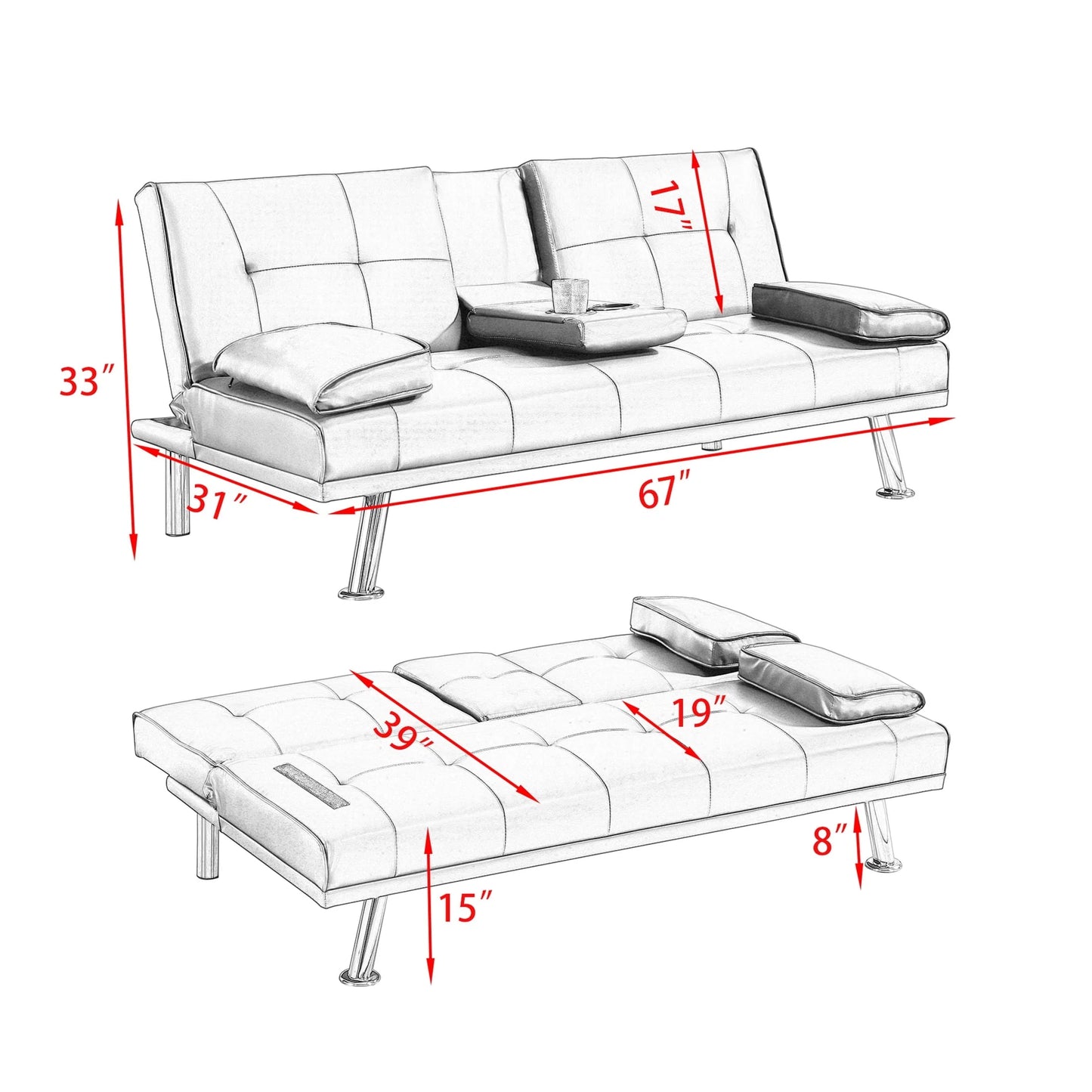 Aukfa Leather Futon Convertible Sofa Bed for Home Office, 2 Cup Holders Twin Size, Beige