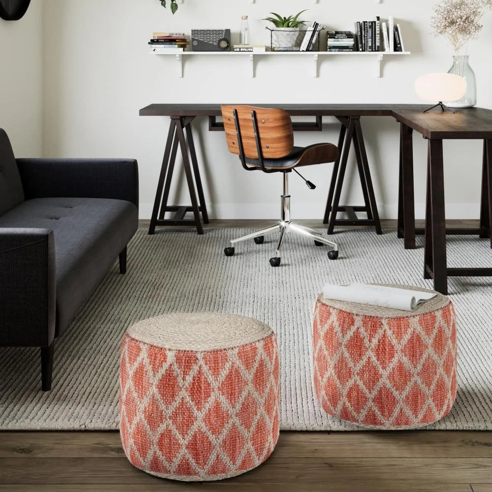 Edgeley Boho Round Pouf in Classic Blue, Natural Woven Braided Jute