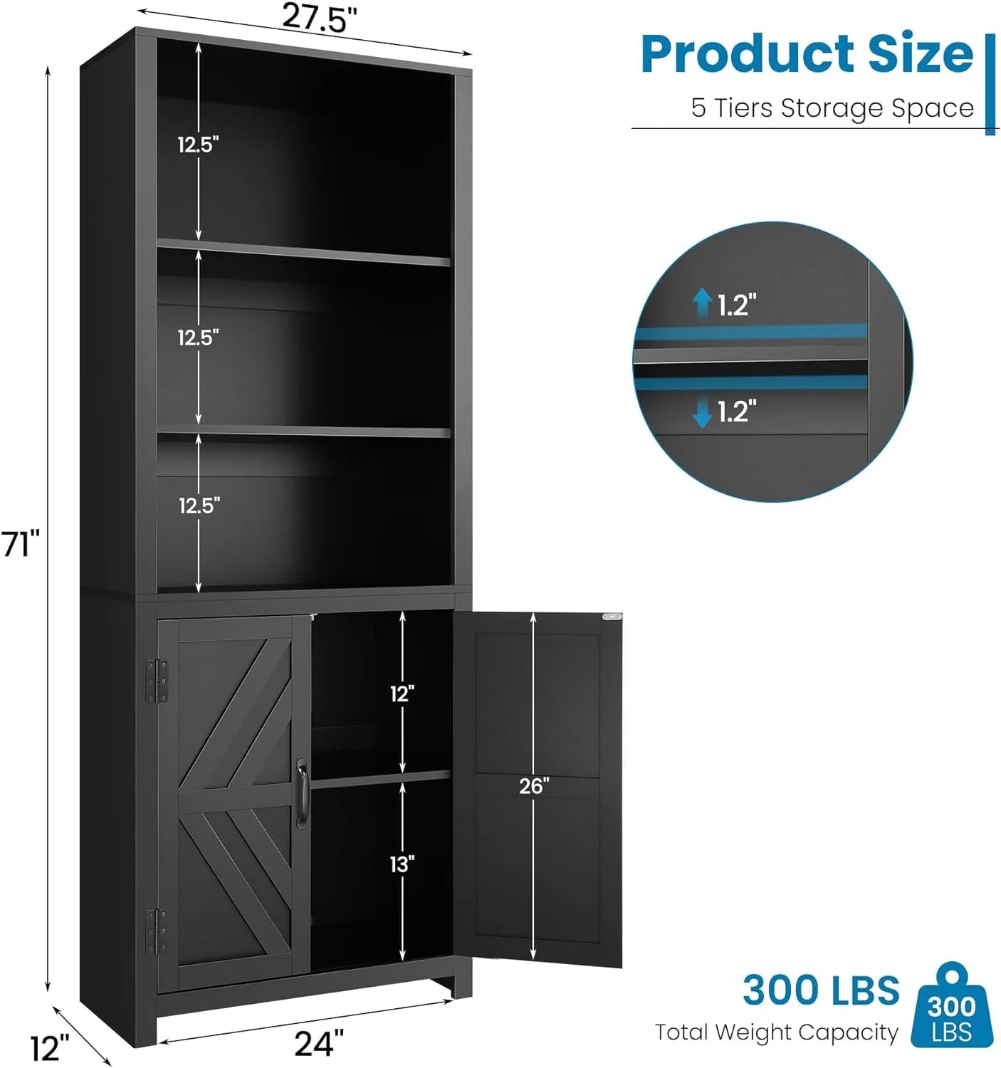 SEJOV Tall Bookshelves, 5-Tier Farmhouse Bookshelf with Cabinet Doors, 71" Bookcase with 3-Tier Open Wood Shelves, Adjustable Book Case for Home Office, Black