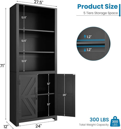 SEJOV Tall Bookshelves, 5-Tier Farmhouse Bookshelf with Cabinet Doors, 71" Bookcase with 3-Tier Open Wood Shelves, Adjustable Book Case for Home Office, Black