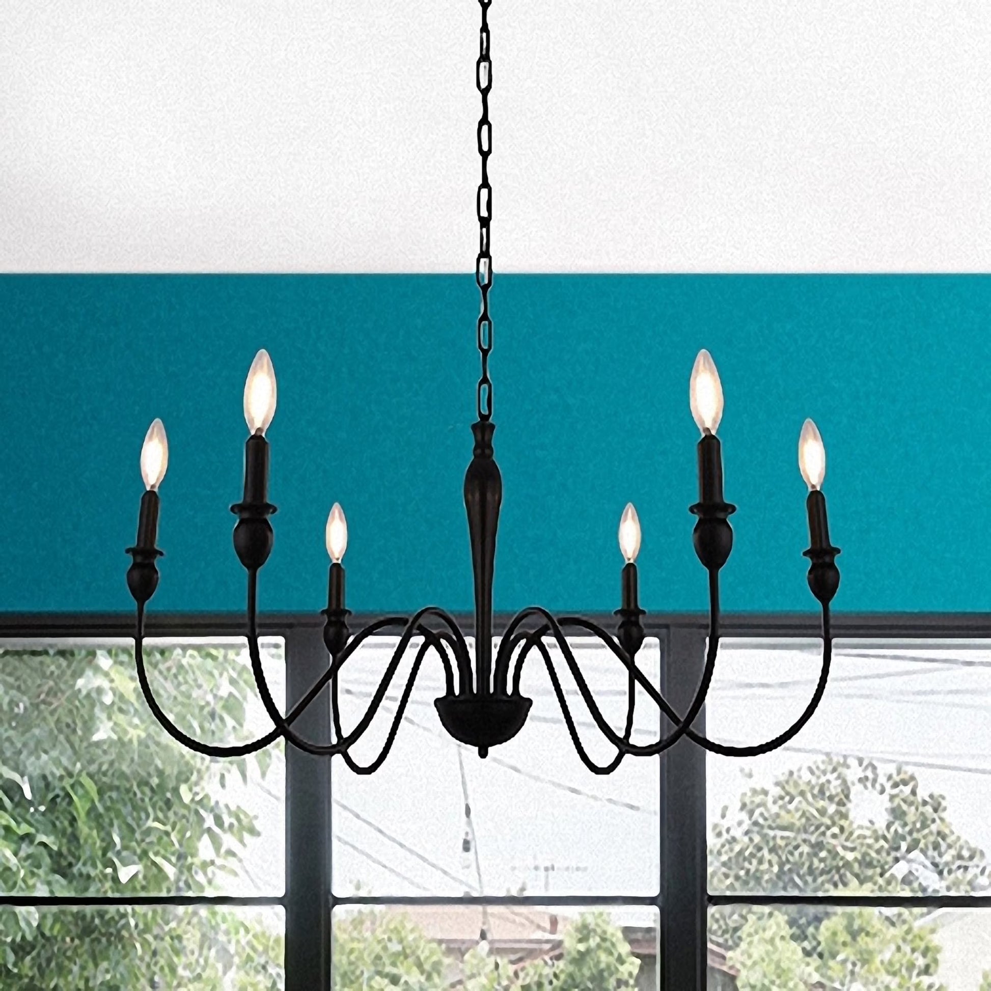 LOHASLED 6-Light Matte Black Finish Candle Style Chandelier,Farmhouse Hanging Light, Indoor for Foyer, Living Room,Dining Room, Bedroom