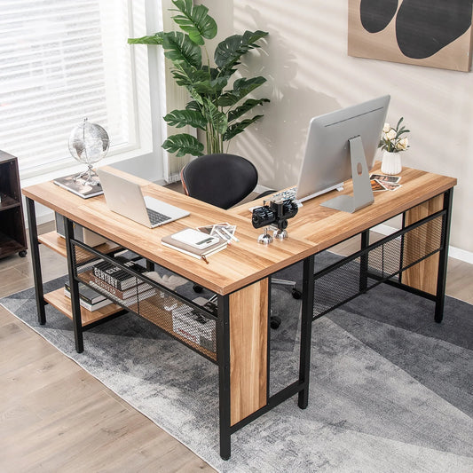 Costway L-Shaped Corner Computer Desk Home Office Workstation w/Storage Shelves Oak