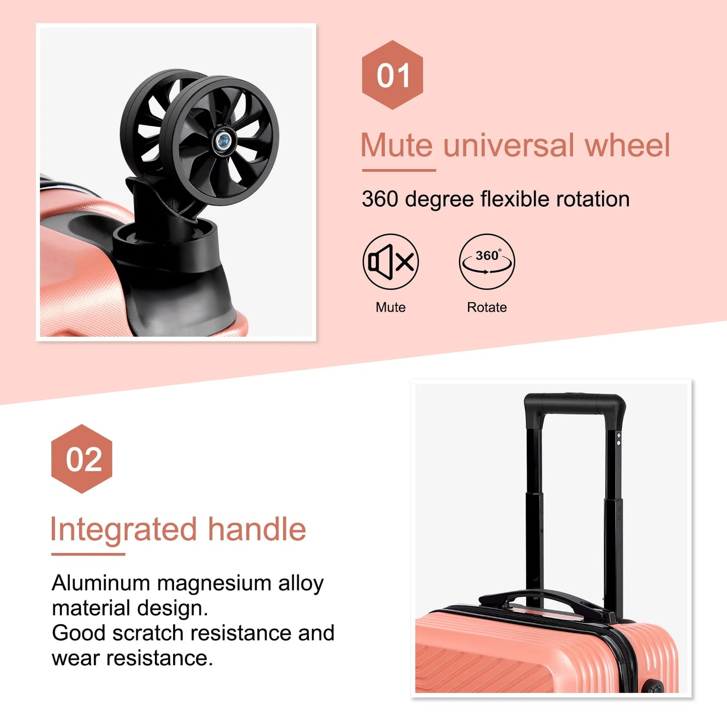 Carry On Luggage, 20" Hardside Suitcase ABS Spinner Luggage with Lock - Crossroad in Rosegold