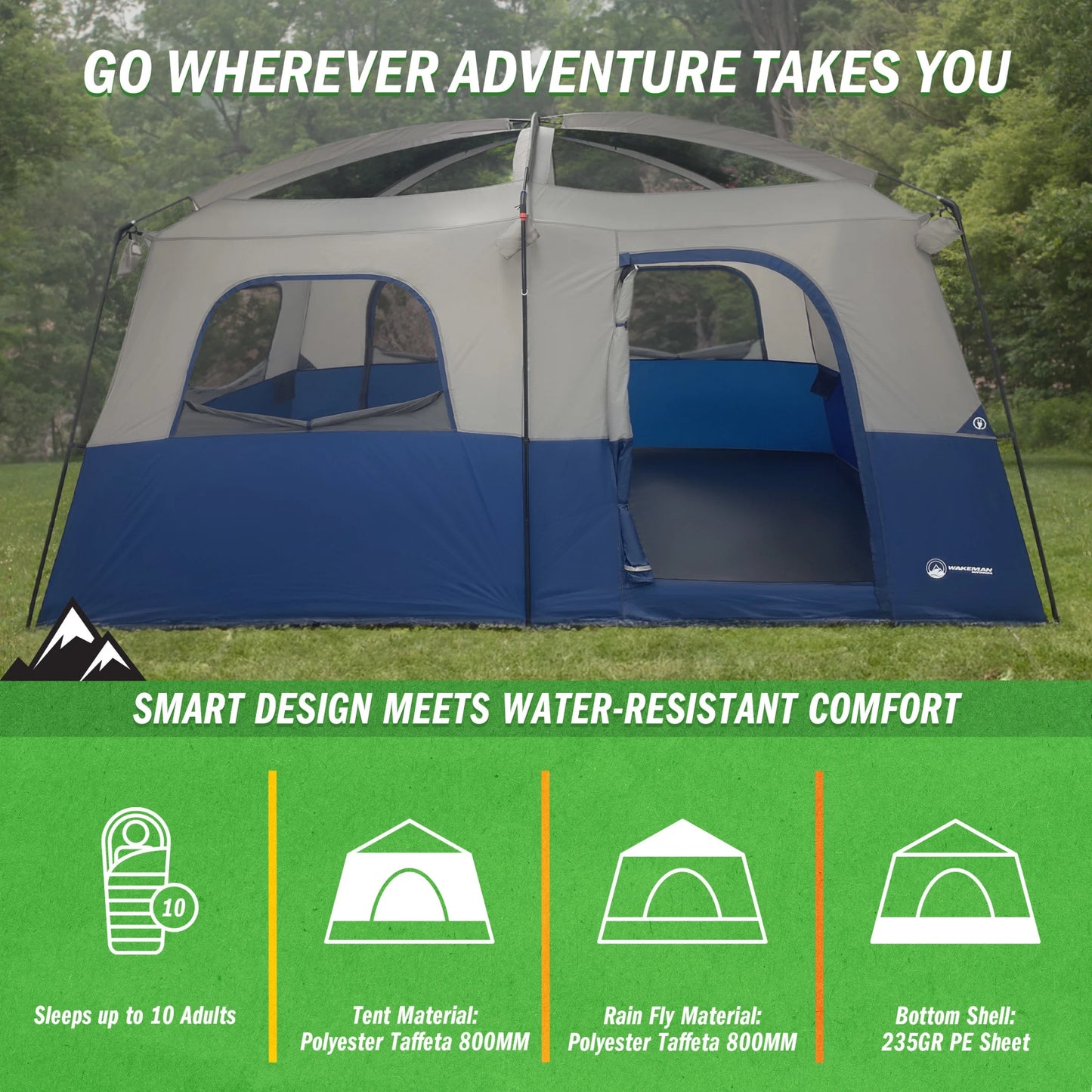 Wakeman Outdoors 10 Person Camping Tent with Room Divider and Rainfly, Navy