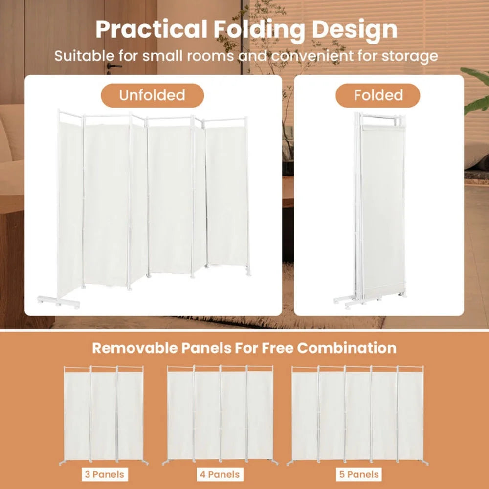 Spaco 6-Panel Room Divider Folding Privacy Screen, Privacy Screen with 7 Large Adjustable Foot Pads and 2 Support Tubes, Room Divider for Indoor as Home, White