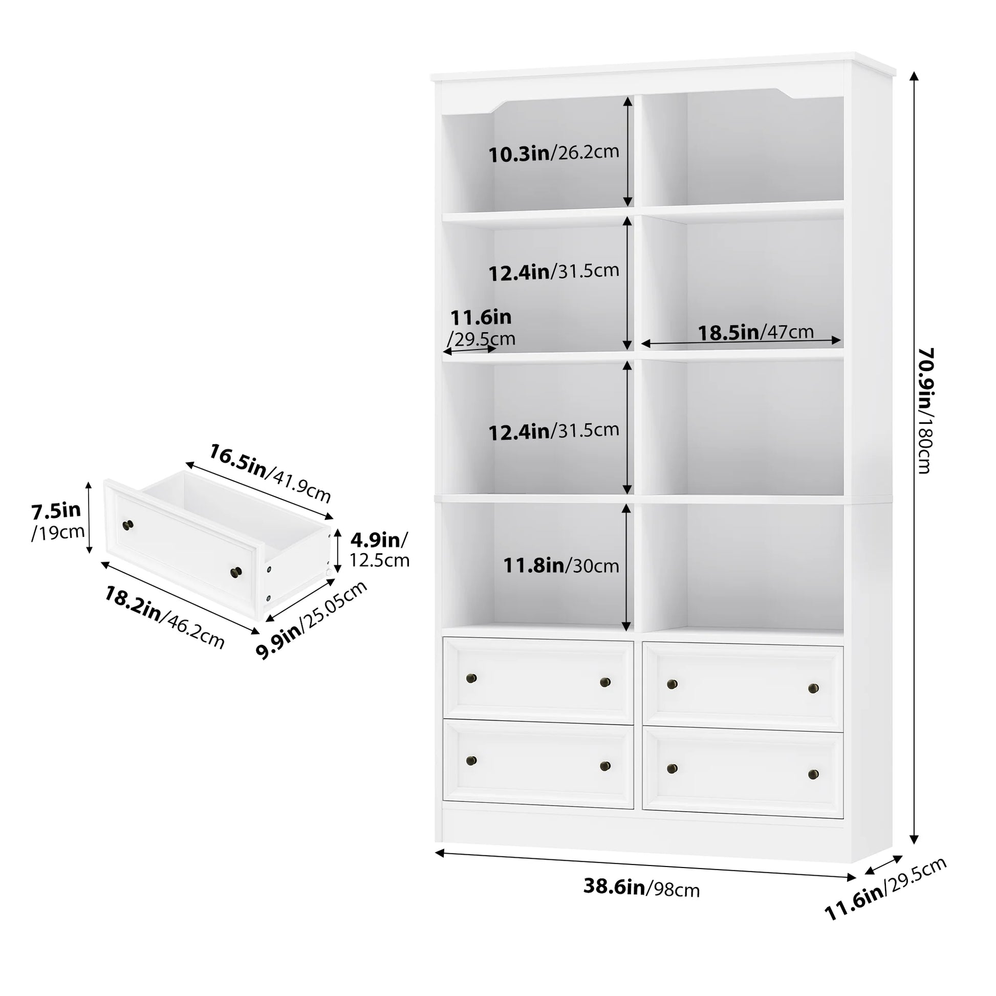 Homfa Double Row 6 Tier Bookcases, 71 in Tall Bookcase Bookshelf with 4 Drawers and 8 Display Cubicles, for Home Office Living Room, White