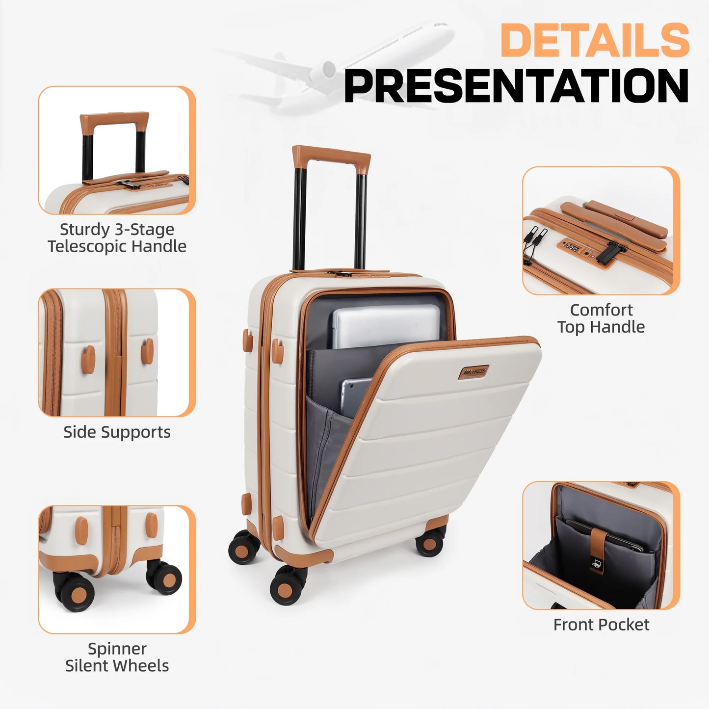 Carry On Luggage 22 x 14 x 9 Airline Approved Lightweight Hardside Spinner Luggage with TSA Lock and Laptop Compartment, Beige, CY2431