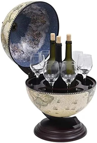 Green & Brown Tabletop Globe Wine Stand - Eucalyptus Wood with Antique Replica Frescoes and 16th Nautical Maps - Assembly Required