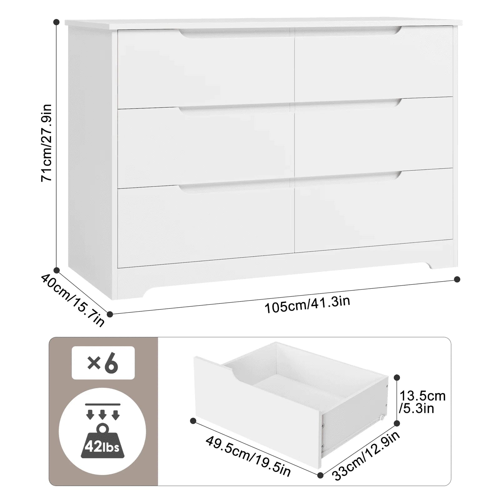 Homfa 6 Drawer White Dresser for Bedroom, Modern Chest of Drawers Wood Storage Cabinet for Living Room Nursery Kitchen Office