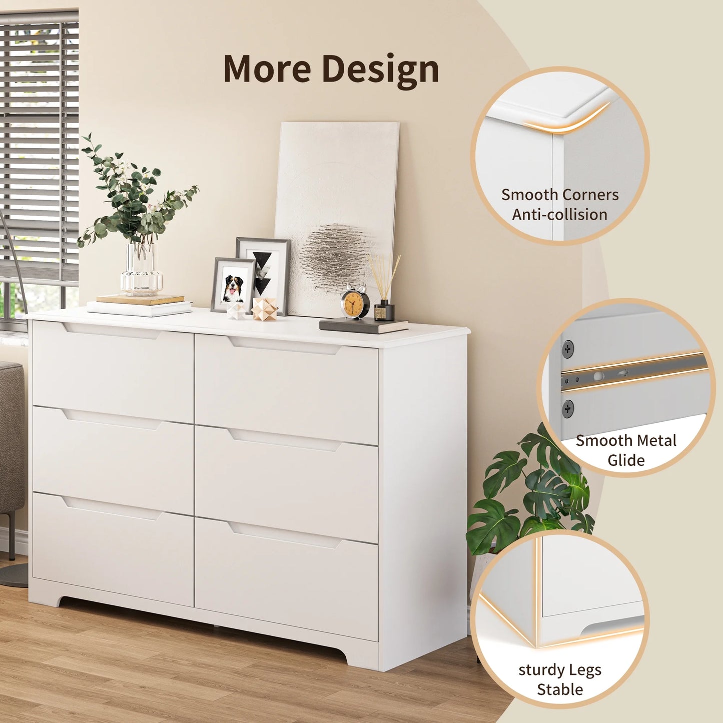 Aiho 6-Drawer Double Dresser - Modern Wood Chest with Anti-Tip Safety, Cutout Handles & Smooth Gliding Drawers | Nursery, Kids & Bedroom Storage - White