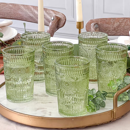 Vintage Textured Amber Striped Drinking Glasses Set of 24, (13 oz) Ribbed Glassware with Flower Design | Cocktail Set, Juice Glass, Water Tumbler