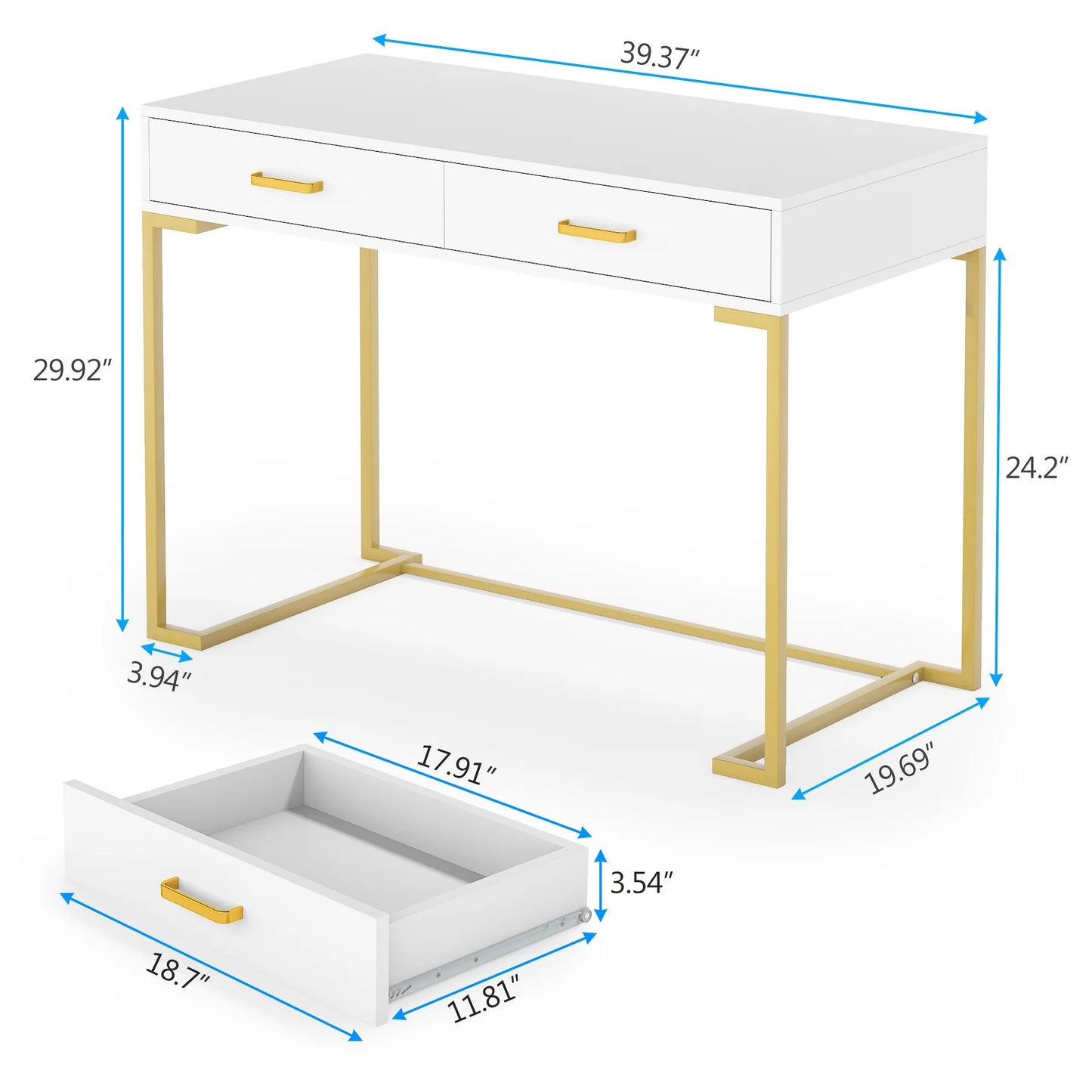Tribesigns Modern 40" Makeup Dresser or Home Office Computer Laptop Writing Desk with Two Storage Drawers, White Top and Gold Metal Frame