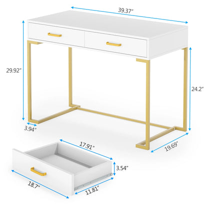Tribesigns Modern 40" Makeup Dresser or Home Office Computer Laptop Writing Desk with Two Storage Drawers, White Top and Gold Metal Frame